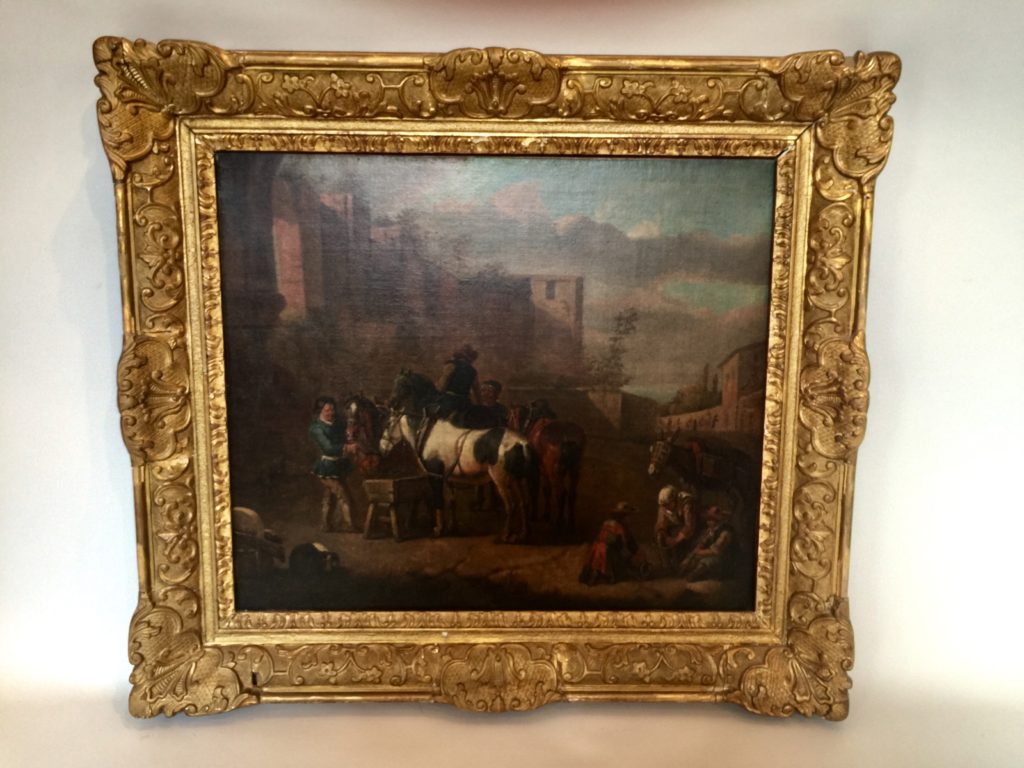 Tableau représentant une scène avec des chevaux au  pied de remparts. .