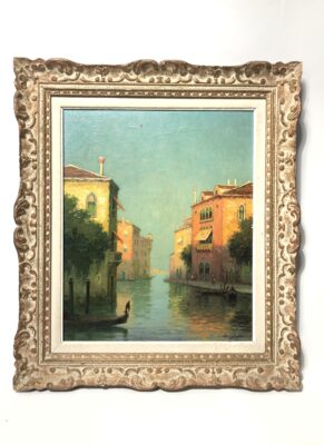 Huile sur toile représentant un canal à Venise.