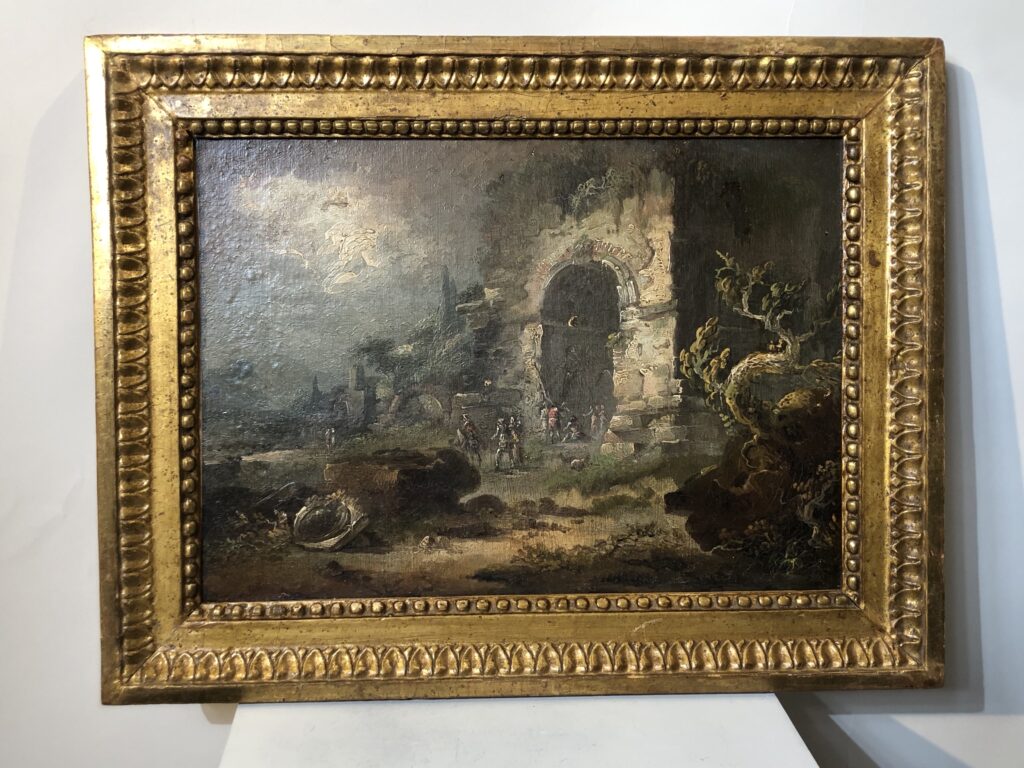 Tableau d’un paysage de ruines, huile sur toile, XVIII ème siècle.