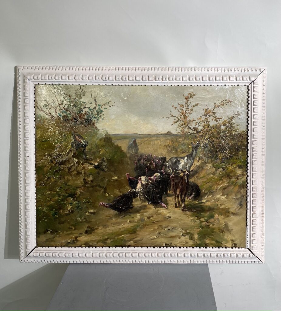 Tableau d’un paysage orientaliste aux dindons et aux chèvres, fin XIX ème siècle.