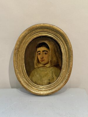 Portrait d’un moine peint sur cuivre.
